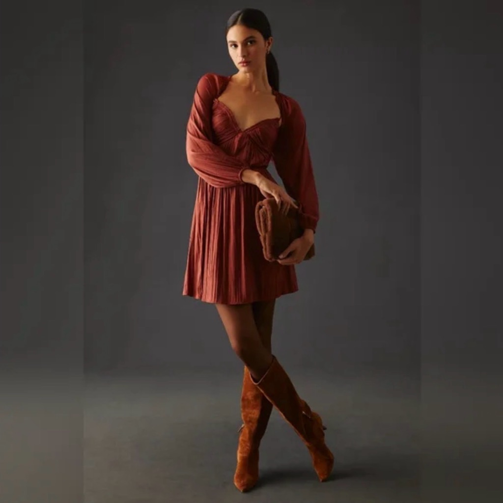 Anthropologie Bronze Long Sleeve Shirred Cutout Mini Dress
